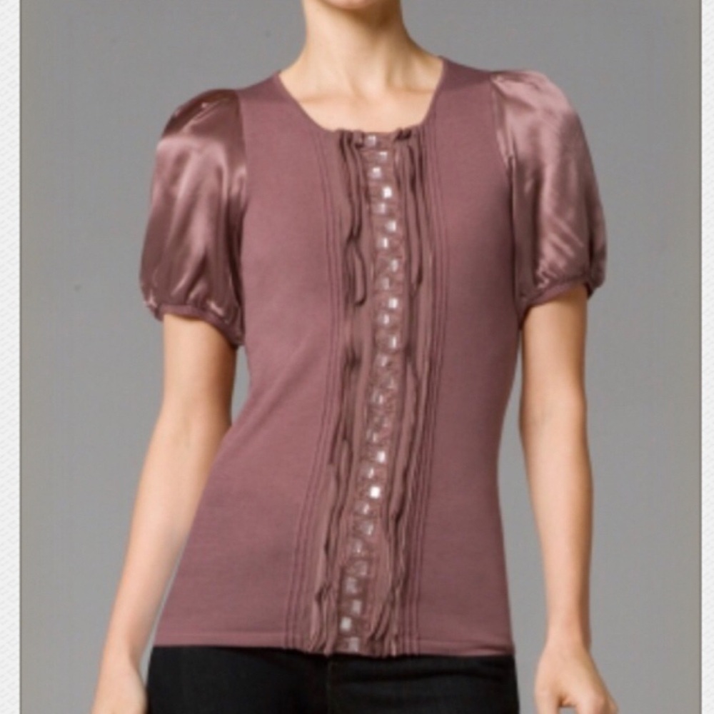 BCBGMAXAZRIA Fairycore Purple Knit Silk Puff Sleeve Gemstone Blouse